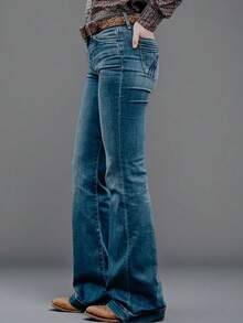 Women's Personalized Back Pocket Embroidery Design Flare Stretch Jeans - Retro Blue Embroidery - View 3