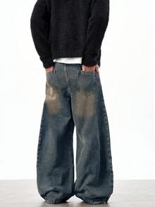 1 buah Celana Jeans Pasangan Kasual Serbaguna Justice Brother Model Longgar dengan Potongan Lebar dan Tampilan Vintage Usang - Dusty Blue - View 2