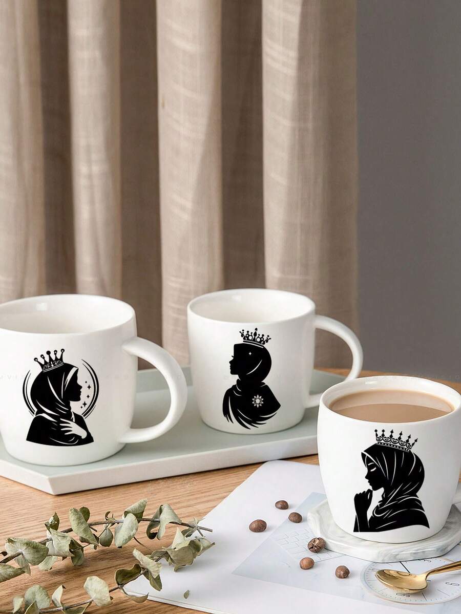 1张黑色剪影女孩小杯子马克杯贴纸，家居装饰贴纸 - 黑色 - 查看 1