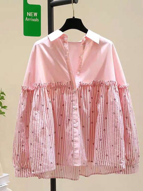 女士春季休闲度假日常通勤拼接蝴蝶结条纹印花荷叶边长袖衬衫