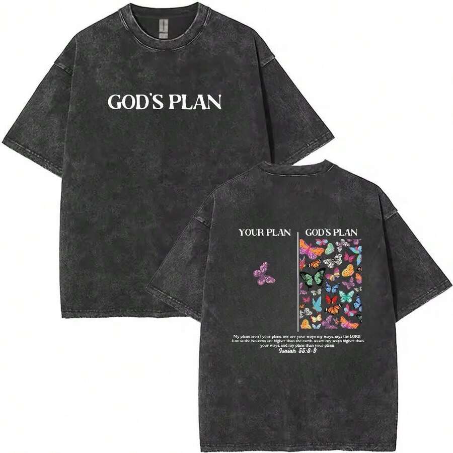 1pc[ New Collection For Women ] God's Plan Unisex Washed T-Shirt, Christian T Shirts, Vintage 90s Graphic Tee, Gift Top Womenswear Cotton Streetwear Summer, Gift For Her, For Mom, For Womenswearssummer Outfits  Graphic Tee - 黑色 - 查看 1