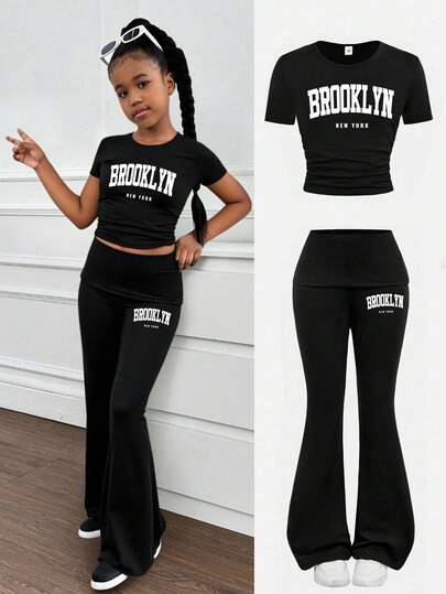 2 Stück Mädchen Lässig Schwarz Rundhals Buchstaben Muster Rüschen T-Shirt und Weite Hose Set, Strick Top und Glockenbodenhos Outfit, geeignet für Zuhause und Ausgänge