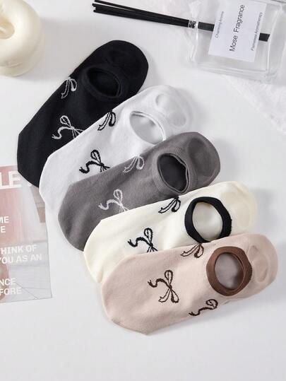 5 Pairs Women's Bow Tie Short Socks, White/Black/Gray, Invisible Socks, Solid Color Minimalist Fashion, Suitable For Casual Daily Wear