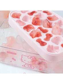 Sanrio Molde de silicona para cubitos de hielo con tapa de Hello Kitty - Diseño lindo de gato de dibujos animados y lazo, molde de hielo flexible DIY para hacer postres divertidos, cubitos de hielo rosas, adecuado para vacaciones y ocasiones especiales (el molde de hielo viene con pegatinas, se requiere pegarlas manualmente, patrón aleatorio, solo un patrón por caja)