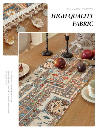 1pc Jacquard Table Runner, Seashell Sequin Trim Bohemian Style Table Scarf, Home Decor, Suitable For Dining Room, Living Room, Family Gathering, Party, Dinner Table Decoration, Washable And Reusable, Multiple Sizes Available