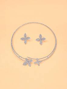 Bộ trang sức 3 món gồm dây chuyền và bông tai đính đá lấp lánh hình hoa, kiểu dáng thời trang châu Âu và Mỹ, thích hợp cho các buổi tiệc tối. - hoa - Xem 6