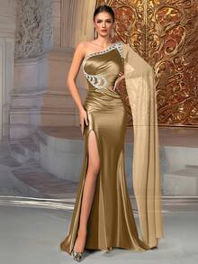 VIPGIRL 优雅玫瑰金单肩缎面正式晚礼服，饰有串珠和高开衩，女士舞会礼服，奢华长裙，女士正式礼服，女士正式晚礼服，长款正式礼服，情人节婚礼春季派对 - 玫瑰金 - 查看 3