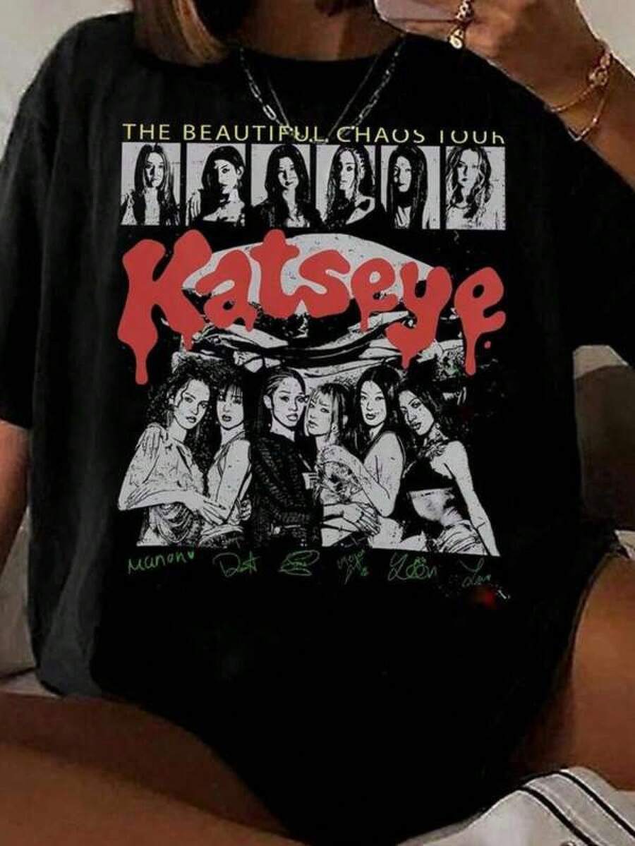 Katseye Shirt, The Beautiful Chaos Tour 2025 Shirt, Katseye Girl Group T-Shirt Vintage Katseye The Beautiful Chaos Tour Shirt, Katseye Kpop Graphics Tee, Katseye Gnarly Parent-Child Outfits - 黑色17 - 查看 1