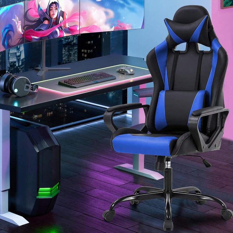 PayLessHere Ergonomic Racing Desk Chair Gaming Chair Computer Chair With Armrests 360° Swivel & Caster Pu Desk Task Chair Executive Headrest Lumbar Support For Back Pain Women Men And Adults, Blue - 藍色 - 查看 1