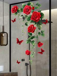 Romantic Red Rose Vine Wall Decal, Removable Self-Adhesive Watercolor ...