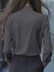 Women's Elegant Long Sleeve Blouse, Dark Grey With Tie Collar, Ruffle And Bow Details, Regular Fit Top, Suitable For Work, Spring, Autumn - Dark Grey - View 4