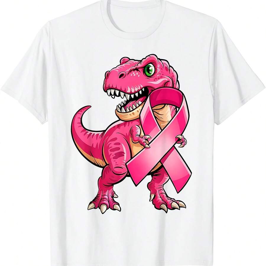 Camiseta de la Universidad de Reconocimiento del Cáncer de Mama T-Rex de Ribbon Rosa - Blanco - Ver 1