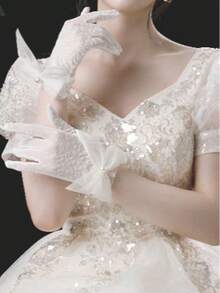 1 Pair Sheer Lace Pearl Bridal Gloves With Bow, Elastic Mesh Fingerless Short Gloves, Suitable For Weddings, Brides/Bridesmaids, Performances, Galas, Parties - Multicolor - View 13