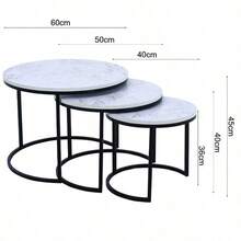 Modern Minimalist 3-Piece Nesting Side Table Set, Sofa Side Table, Living Room Center Coffee Table, Hotel Lobby Display Table, Reception Table, Multi-Purpose Storage Rack. White Marble-Patterned Wood Tabletop, Black Metal Frame, Can Be Stacked Or Placed Separately. - White Marbling - View 4