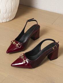 酒红色露跟高跟凉鞋，新款粗跟尖头时尚鞋，透气舒适，适合正装穿着，大码尺码 - 酒紅色 - 查看 6