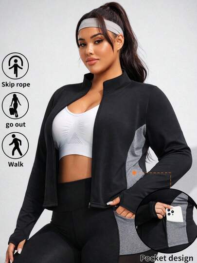 1 pieza Chaqueta deportiva talla grande, chaqueta casual de patchwork gris para yoga, ropa de mujer de moda para deportes, ciclismo, actividades al aire libre, yoga, con bolsillos, adecuada para primavera, verano, otoño, invierno