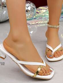 Women's Fashionable Minimalist Gold Strap Square Toe Kitten Heel Sandals, Versatile Slip-On High Heels - White - View 6