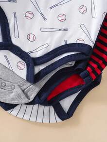 Boys' 5-Piece Jumpsuit Set, Triangle Design, Short Sleeves, Baseball Sports Print, Soft And Comfortable Cotton Jumpsuit, Ideal For Outdoor Activities. - 淺灰色 - 查看 8