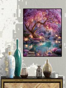 粉色花樹風景鑽石畫套裝，5D全鑽，成人DIY鑽石畫組，寶石藝術鑽石畫，適合初學者成人牆面裝飾 - 彩色 - 查看 4