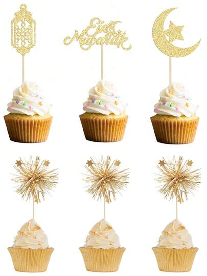 24个/2026个闪亮月亮和星星开斋节快乐纸杯蛋糕装饰，非常适合伊斯兰穆斯林主题派对蛋糕装饰，金色版