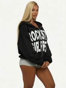 WOMEN Rockstar Girlfriend Full-Zip Cropped Hoodie Edgy Streetwear Y2K Aesthetic Statement Sweatshirt Fashion Oversized Rhinestone Embellished Hood Fall Winter Oversized Hooded Sweatshirt With Zip Front And Bold Letter Graphics For Casual Comfort  Rockstar Girlfriend Oversized Zip Up Sweatshirt Streetwear Loungewear Sports Casual Athleisure Cozy Hoodie Spring Fall Winter - 黑色 - 查看 6