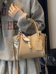 2pcs Spring New Fashion PU 2-Piece Bag Set, Women Handbag With Inner Pouch, Minimalist Commuting Shoulder Bag With Scarf Decor, Suitable For Ladies, Girls, Work Essential, Can Fit Phone, Wallet, Cosmetics - Khaki - View 4