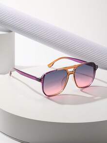 1 Pair Unisex Tortoiseshell Square Double Bridge Aviator Glasses, Suitable For Vacation, Boho Beach Outfits, Women's Beach Accessories, Basic Glasses, Autumn/Winter Women's Outfits, Business Casual, Gifts, Leopard Print - Khung màu vàng tím với các hạt màu hồng tím. - Xem 2