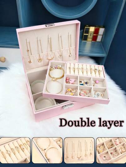 Classic Leather Jewelry Boxes In Black, White, Pink, And Green, Featuring A Removable Tray, Snap Closure, And Padded Drawers-A Versatile Oval Desktop Organizer With Ample Capacity For Necklaces, Earrings, Rings, Bracelets, And Watches-Making It An Ideal Gift For Women And Girls.