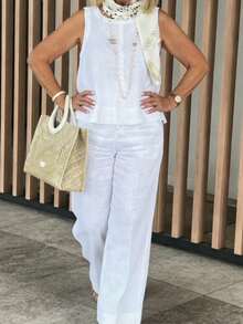 Loose Fit Sleeveless Top And Wide Leg Pants Set Casual Wrinkle-Free Two-Piece Outfit For Women - 白色 - 查看 3