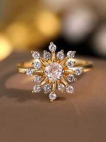 1pc Luxurious Cubic Zirconia Sunflower Ring, Suitable For Women's Wedding, Party, Evening Wear, Made Of Copper Material That Resists Fading And Allergies, Ideal Holiday Gift - Gold - View 5