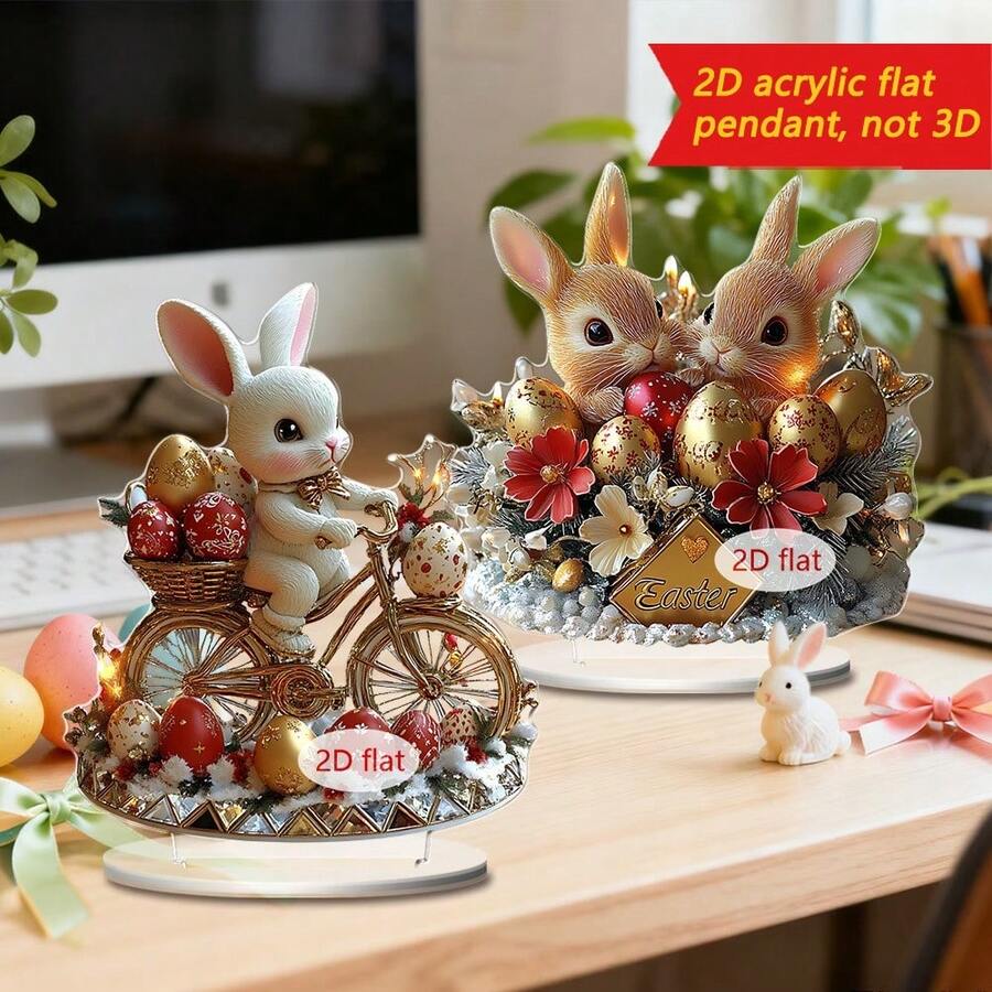 1 pieza Decoración acrílica de conejo de Pascua montado en bicicleta, conejo de dibujos animados montado en bicicleta con huevos degradados de impresión de alta definición por ambos lados, adecuado para decoración de escritorio de oficina, mantel de mesa de comedor, decoración de reunión de Pascua en el hogar