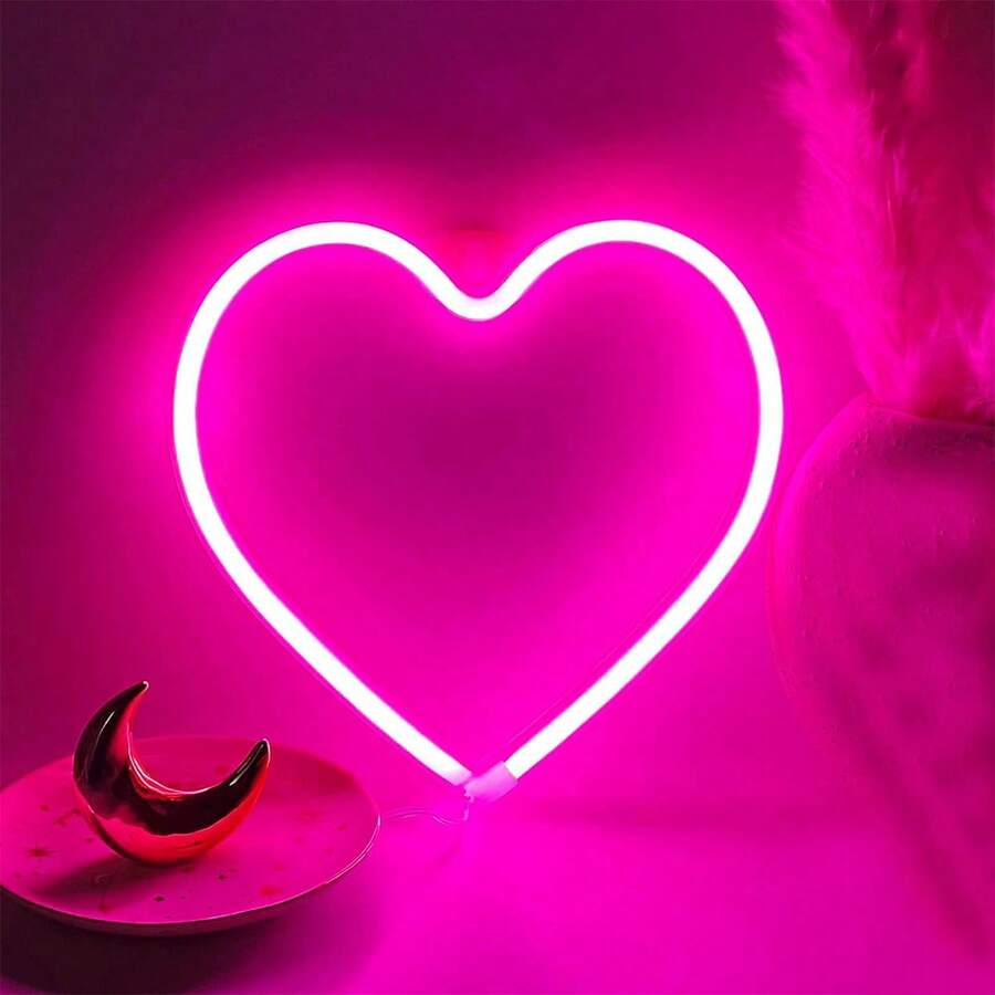 Pink Heart Neon Sign, Battery Operated Or USB Powered LED Heart Lights For Valentines Day Decoration, Valentines Gifts For Wife Wedding Proposal Anniversary Mother's Day Girls' Room Table Wall Decor - 粉色 - 查看 1