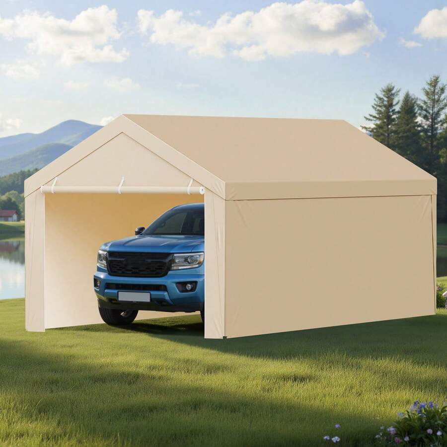 Carport Replacement Canopy, 10 X 20 Ft Potable Garage Tent Top Tarp With Sidewalls, UV-Resistant & Waterproof, Heavy Duty Car Shelter Tarp With Ball Buggees, Beige, Frame Not Included - 10x20ft Beige - View 1