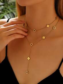 2pcs Minimalist Stainless Steel Four-Leaf Clover & Plum Blossom Hollow Pendant Necklace, Lucky Flower Design Y-Shaped Necklace, Elegant Clavicle Necklace Jewelry Suitable For Women, Everyday Wear Or Valentine's Day Gift - Gold - View 3