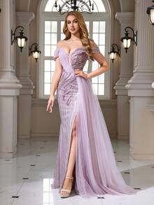 Elegant Sexy Off-Shoulder Ruched Beaded Sequin Embroidered Bodycon Mermaid Hem Mesh Maxi Dress - Mauve Purple - View 4