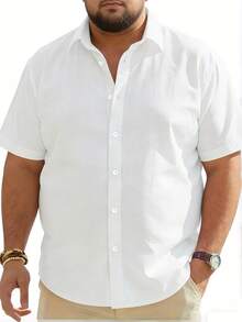 Camisa de manga corta de unicolor simple para hombres de talla grande, camisa casual/de trabajo cómoda y transpirable con cuello y botones - Blanco - Ver 7