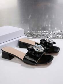 法式方头水钻蝴蝶结粗跟凉鞋，百搭显瘦，夏季新品 - 黑色 - 查看 4