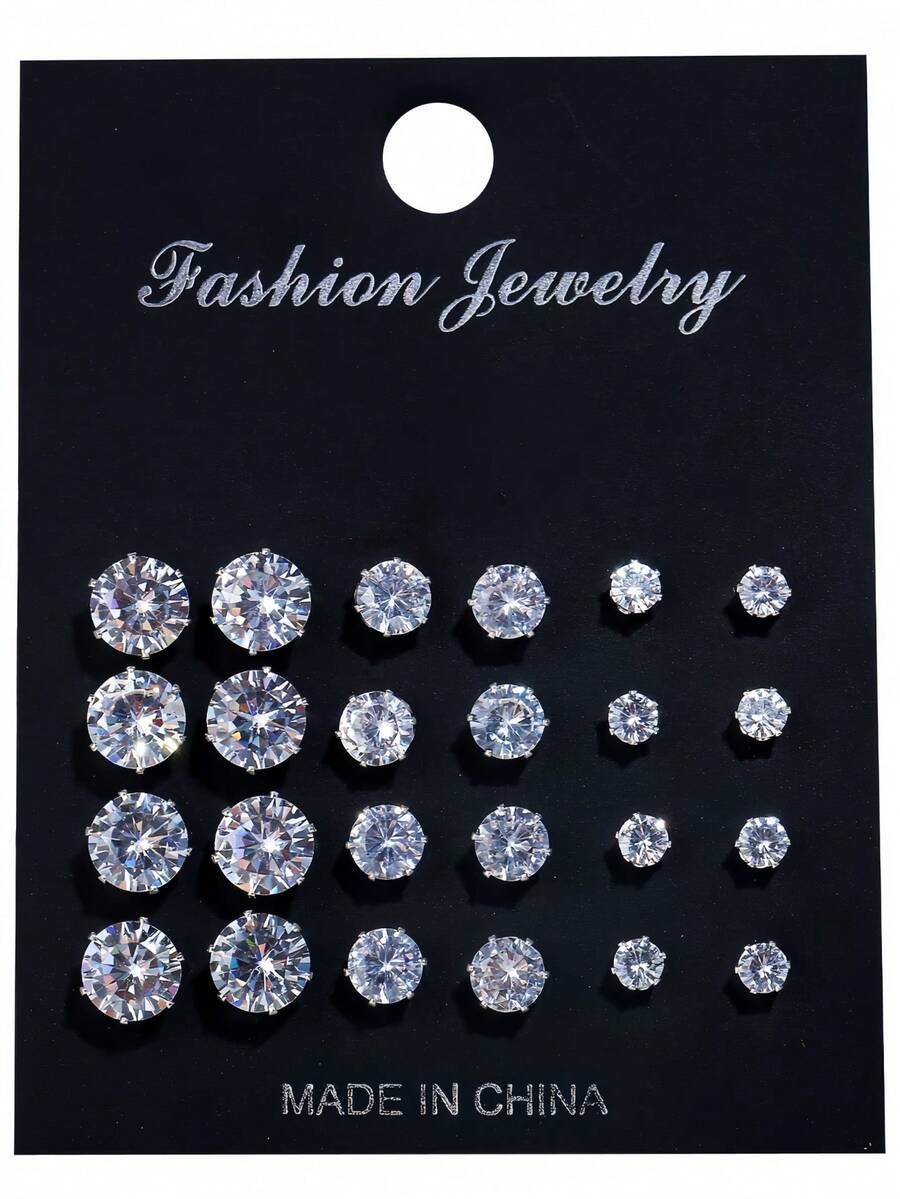 24件套女士耳环，奢华风格立方氧化锆，简约个性化耳环套装（无卡片包装） - 銀色 - 查看 1