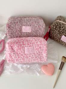 Leopard Print Plush Handbag, Portable Cosmetic Organizer Bag, Travel Large Capacity Clutch, Coin Purse - Multicolor - View 5