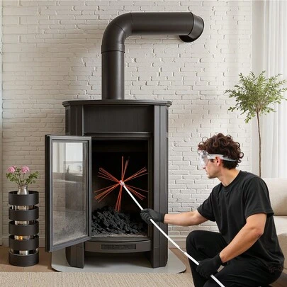 Chimney Sweep Kit, 9m Maximum Extendable Length Chimney Brush, Chimney Cleaner Sweeper With Dual Brush Heads, Brush & Goggles, Fireplace Cleaning Tool For Square, Rectangle, Arch Chimneys