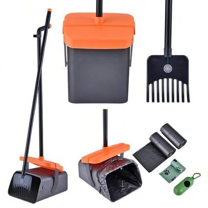 1个宠物粪便铲和带耙子的旋转垃圾桶套装，包含35个垃圾袋，46英寸可调节长柄，耐用的宠物粪便清理工具，方便清洁
