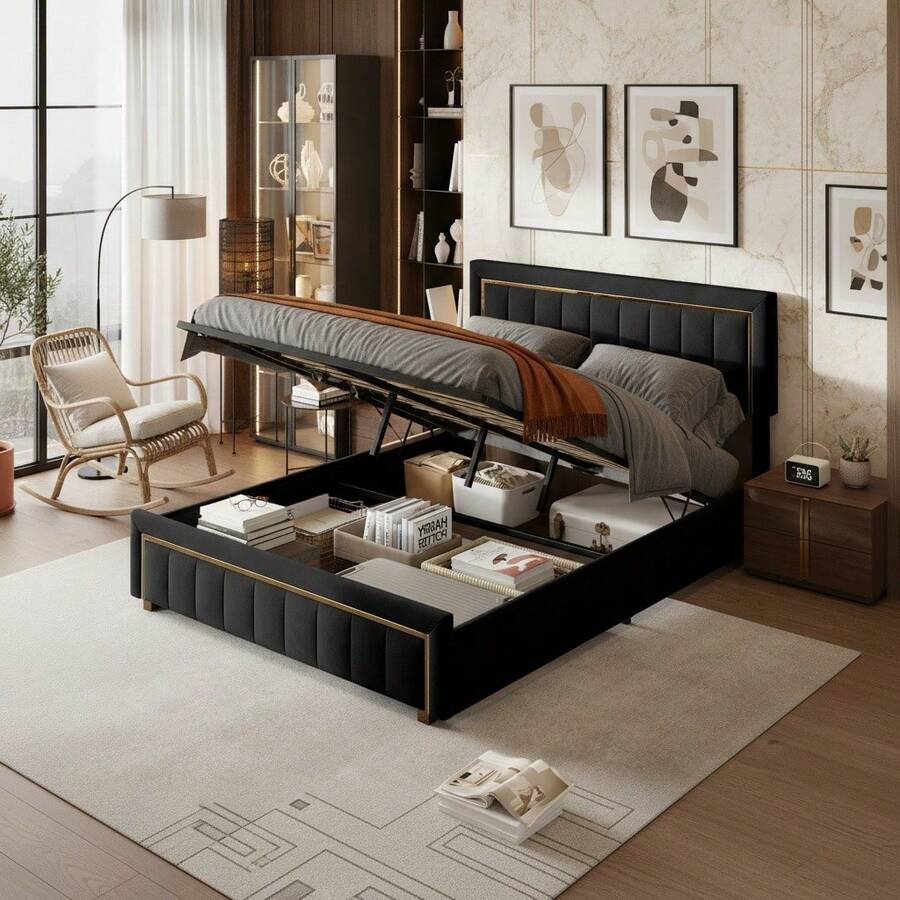 ZSSWSS Cama tapizada con canapé 140/160x200cm, canapé para adultos, con palanca hidráulica, cama doble con cabecero vertical texturizado, adecuada para adolescentes y adultos, somier de láminas, terciopelo, color negro - Negro - Ver 1