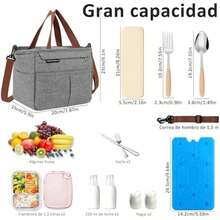 FUWEN Gran Capacidad Bolsa del Almuerzo, Bolsas Térmicas para Hombres y Mujeres Reutilizable, con Correa, Tenedor, Cuchara, Cristales Hielo, Forro a Prueba de Fugas, para Picnic, Trabajo, Camping - Gris - Ver 2