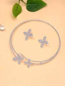 Bộ trang sức 3 món gồm dây chuyền và bông tai đính đá lấp lánh hình hoa, kiểu dáng thời trang châu Âu và Mỹ, thích hợp cho các buổi tiệc tối. - hoa - Xem 4