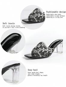 Women's Luxury Elegant Crystal High Heel Shoes, Transparent Crystal High Heels, Square Toe Full Crystal Embellished Chunky Heel, Comfortable, Glamorous, Sparkling Crystal, Suitable For Parties, Gatherings, Balls, Shopping, Various Occasions And Festivals, Showcasing Elegant Elegant, Fashionable And Versatile Style, Comfortable And Durable High Heel Shoes, Crystal Decorated High Heel Sandals. Sexy Crystal Party Heels - Black - View 11