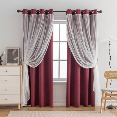 Blackout And Sheer Layered Solid Window Curtain Panel Pair With Grommet Top, 52Wx63L, Black - Home Decor