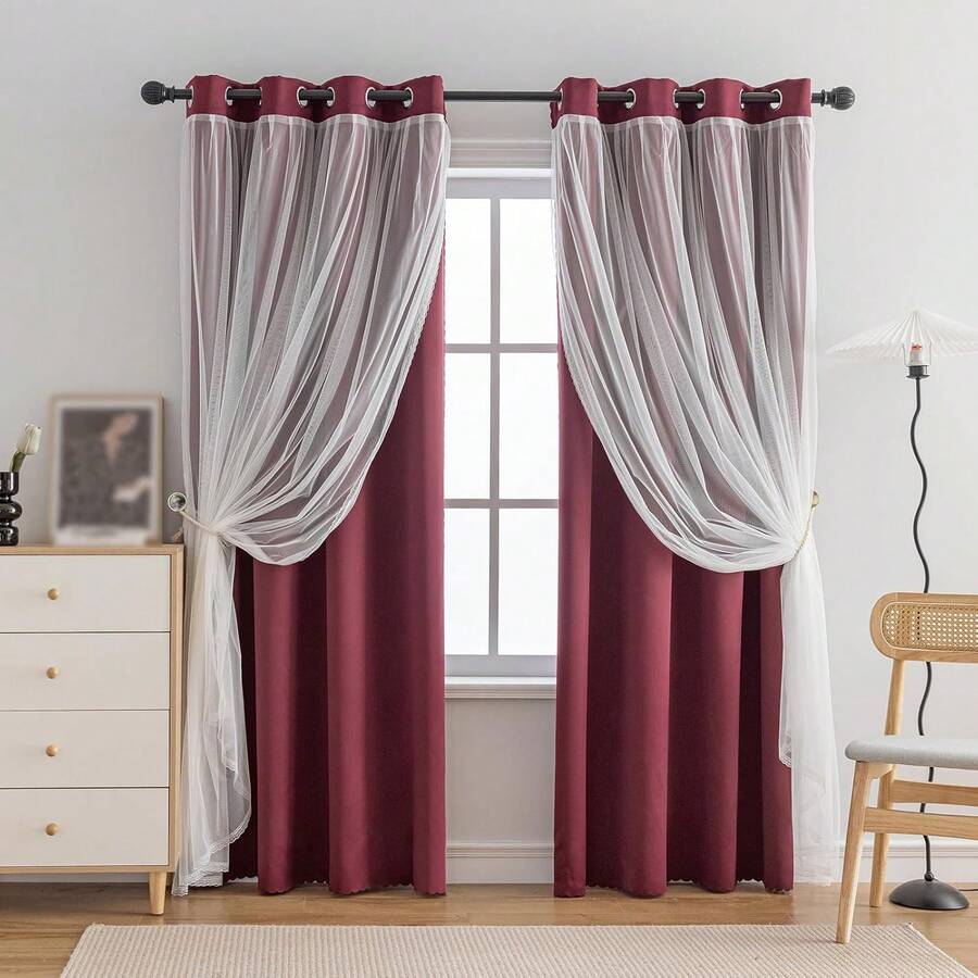 Blackout And Sheer Layered Solid Window Curtain Panel Pair With Grommet Top, 52Wx63L, Orange - Anytime Use - 酒紅色 - 查看 1