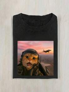 2026 New Funny Fighter Pilot T-Shirt, Cat War T-Shirt, Millennial Joke T-Shirt, Silly Fool Gift, Spring/Summer New Unisex T-Shirt, Suitable For Casual Quirky - Black - View 1