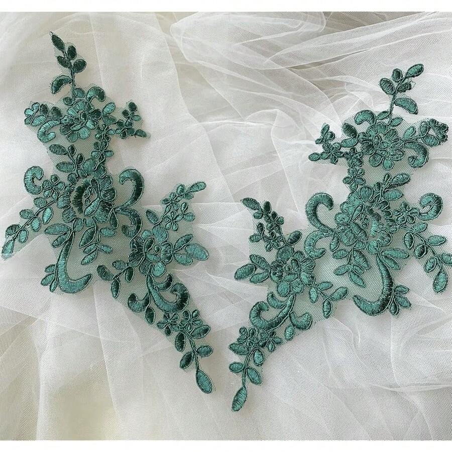 Lace Applique With Sequin Corded Flower Embroidery Lace Appliques Lace Motif Dress Patches For Craft Projects Mirror Pair (Emerald) - Ngọc lục bảo - Xem 1