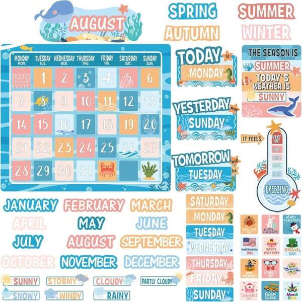 Cholemy Juego de 85 piezas para calendario y tablón de anuncios de aula, con números, meses, clima, decoración de aula y pizarra, suministros escolares (Boho Ocean)